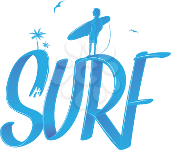 surf lettering with palms and surfer , 3d style. vector illustration
