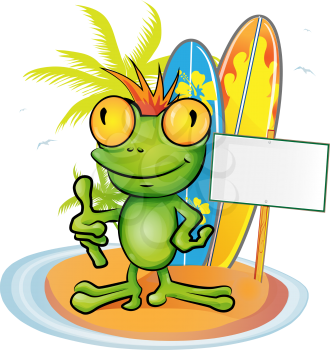 frog cartoon surfer on island background
