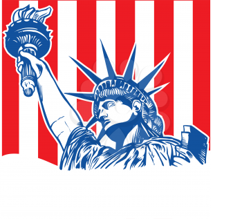 statue of liberty with torch on flag background