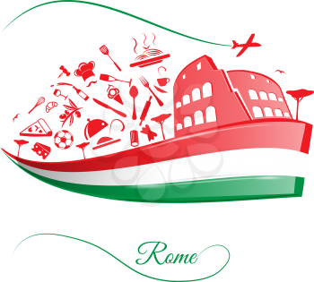 rome colosseum with food element on italian flag 