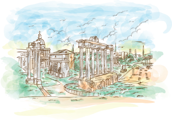 Watercolor Remains of temples in Foro Romano, Rome, Italy