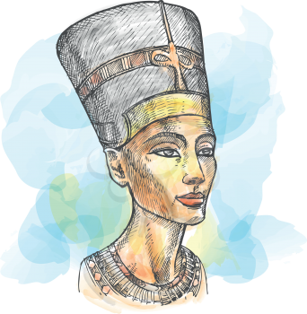 Bust of Nefertiti hand drawn watercolor