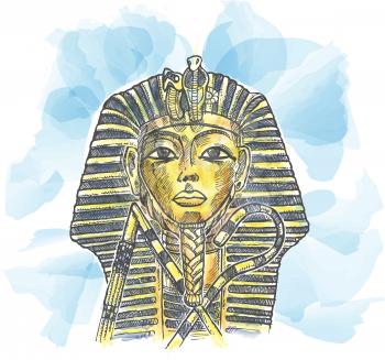 Golden mask of Egyptian pharaoh hand drawn Watercolor