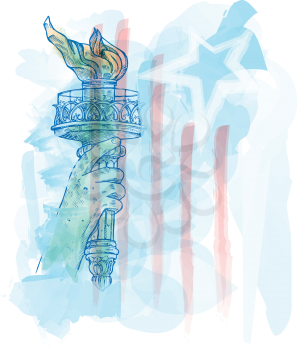  watercolor torch of statue of liberty on USA flag