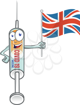 medical syringe vaccine corona virus covid-19 with uk flag . vector cartoon illustration