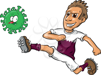 qatar footballer character  kicks covid-19. vector illustration