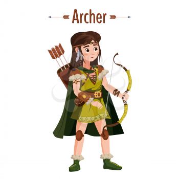 Archer with bow, arrows, quiver. European medieval character in traditional costume