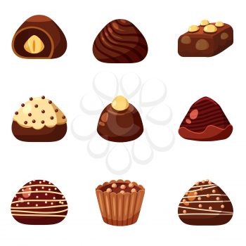 Set of colorful chocolate desserts and candies from boxes for special holidays, vector