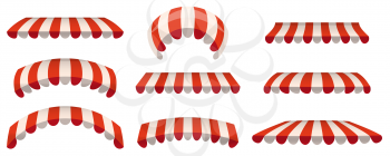 A set of striped awnings, canopies for the store. Awning for the cafes and street restaurants. Vector illustration isolated on white background.