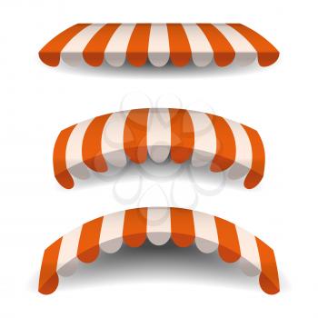 A set of striped awnings orange white , canopies for the store. Awning for the cafes and street restaurants. Vector illustration isolated on white background.