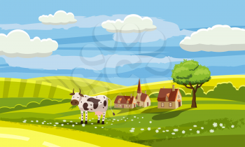 Cute rural landscape with farm, cow, flowers, hills, village cartoon style vector