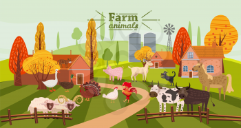 Farm animals and birds set in trendy cute style, including horse, cow, donkey, sheep, goat, pig, rabbit, duck, goose, turkey roosterram dog cat bull and chicken