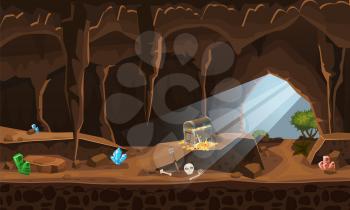 Treasure cave with chest gold coins, gems. Concept, art for computer game