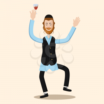 Funny cartoon Jewish man dancing with vine. Vector illustration isolated