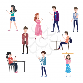 Set of characters teenagers men and women looking in smartphone, urban situations, vector, modern life, illustration, cartoon style