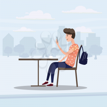 Teenager looks in smartphone table in cafe, background city, vector, illustration, cartoon style