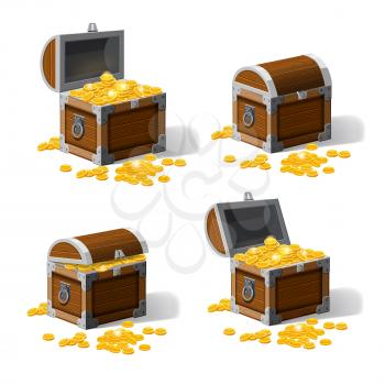 Set piratic trunk chests with gold coins treasures. . Vector illustration. Cartoon style