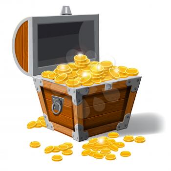 Piratic trunks chests with gold coins treasures. . Vector illustration. Cartoon style