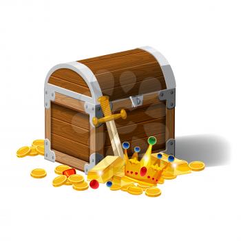 Old pirate chest full of treasures, gold coins, ingots, jewelry, crown, dagger, vector, cartoon style illustration isolated
