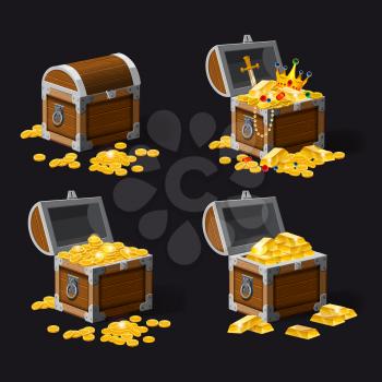 Set old pirate chests full of treasures, gold coins, ingots, jewelry, crown, dagger, vector, cartoon style illustration isolated