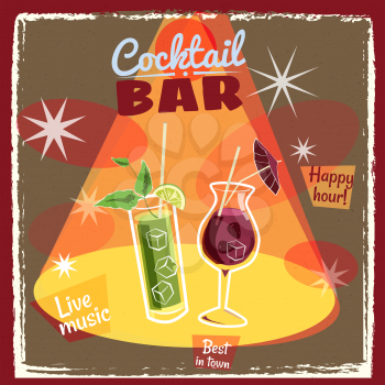 Retro poster design for cocktailbar. Vintage poster, happy hour, card for bar or restaurant.