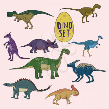Set of dinosaurs, funny cute animals, isolated vector