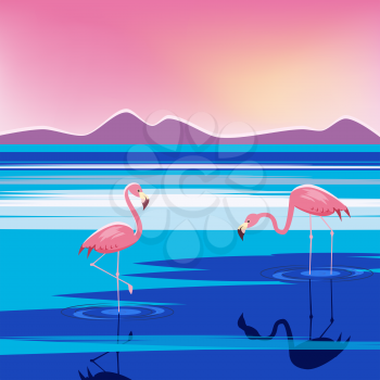Vector illustration of three pink flamingos in the lake at sunset