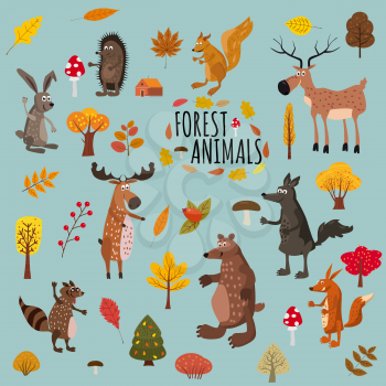 Set of cute forest animals bear, raccoon, squirrel, hare, fox, wolf, hedgehog, moose deer autumn leaves trees