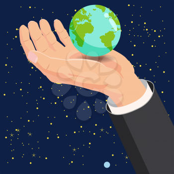 Hand holding Earth globe in space vector illustration