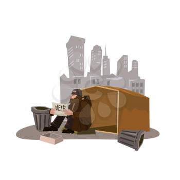 Homeless man with paper sign cartoon style vector illustration. Comic book style imitation. Object On cytiscape background.