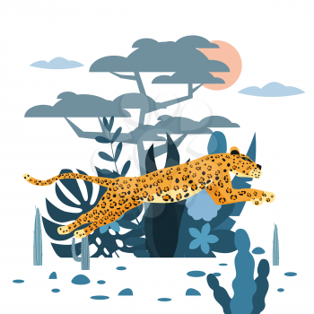 Leopard jumping, cute, background plants and tree, graphic trend style, animal predator mammal, jungle