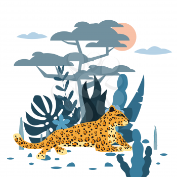 Cute leopard, plant and tree background, graphic trend style, animal predator mammal, jungle