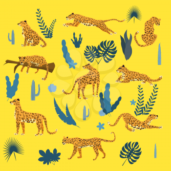 Set of leopards in various poses, plants, flowers, exotic, graphic cute trend style, mammal predator, jungle