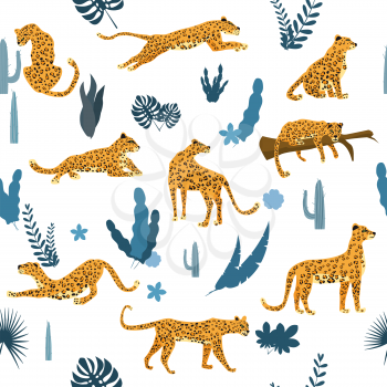 Seamless pattern with leopards in different poses with tropical leaves, plants, mammal, predator, jungle