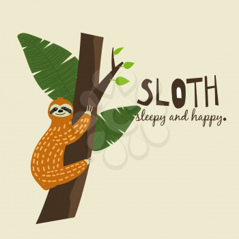 Cute funny sloth hanging on the tree. Sleepy and happy. Adorable hand drawn cartoon animal illustration
