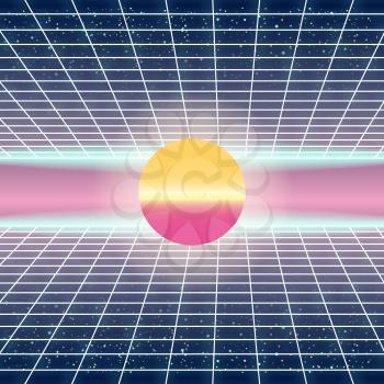 Synthwave Retro Futuristic Landscape With Sun And Styled Laser Grid