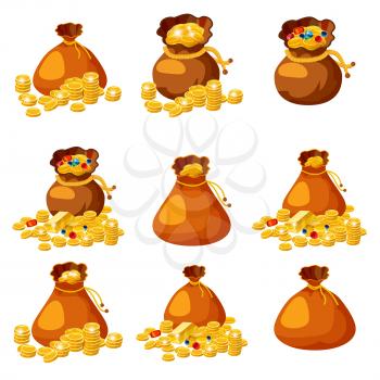 Set of old bags, purses, empty and full of gold, coins, brillants, treasures, for gaming, applications vector isolated