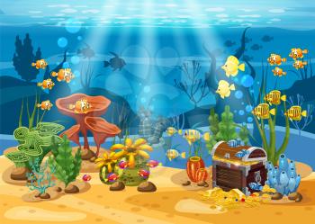 Underwater treasure, chest at the bottom of the ocean, gold, jewelry on the seabed. Underwater landscape, corals, seaweed, tropical fish, vector, cartoon style