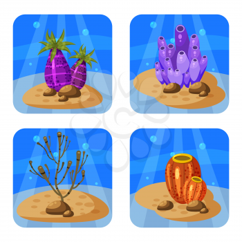Set of colorful corals and algae on a blue background. Natural underwater vector illustration.