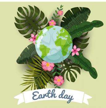 Earth day, planets in a stylized tropical leaves and flowers, vector, cartoon style, illustration