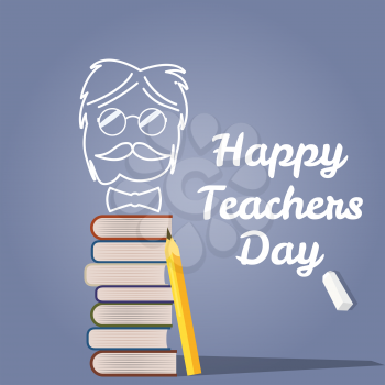 Happy Teacher Day vector. Illustration with books and glasses, chalk, board