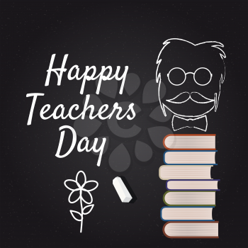 Happy Teacher Day vector. Illustration with books and glasses, chalk, board