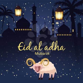 Muslim holiday Eid al-Adha. the sacrifice a ram or white sheep. Graphic design decoration kurban bayrami. Month lamb and a lamp.