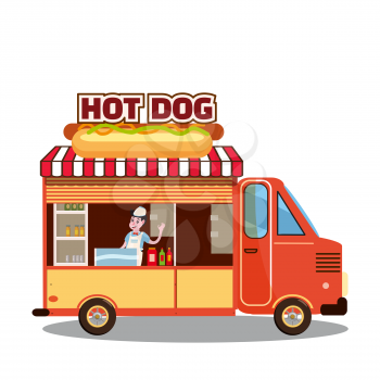 Street food truck, van. Fast food delivery. Fast food car with a big Hot Dog on a white background