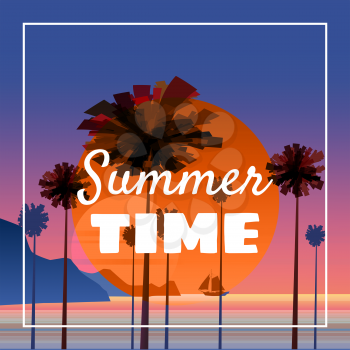 Summer time at seashore, sea landscape with palms, minimalistic illustration. Seascape sunrise or sunset