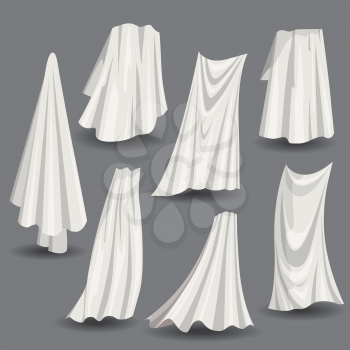 Set of fluttering white cloths, soft lightweight clear material isolated vector illustration