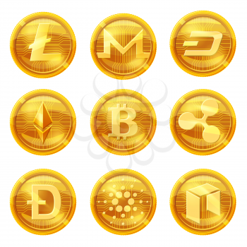 Cripto currency logo coins Monero, Bytecoin, Stratis, Dash, Litecoin, Nem, Ripple, Ethereum Bitcoin Vector set for apps and websites