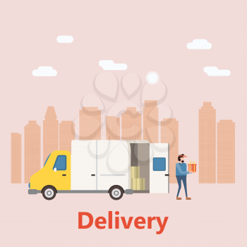 Concept delivery service, landing. Delivery truck rides on the way to the buyer