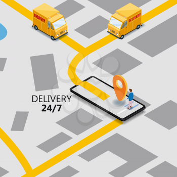Isometry express cargo delivery route navigation map of the city, smartphone, van delivery