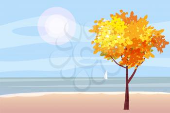 Autumn landscape on the sea, ocean, tree, sailboat panorama